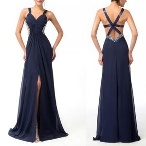 Navy blue crisscross prom dress with rhinestones.